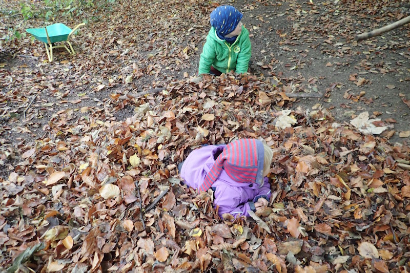 Kinder spielen im Blätterhaufen